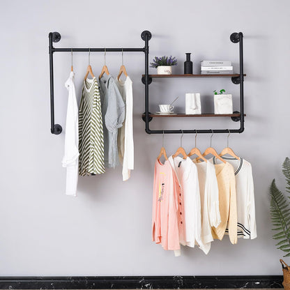 EDCB Industrial Pipe Wall-Mounted Clothing Rack with 2 Wood Shelves - Heavy Duty Double Rod Metal Garment Organizer for Bedroom/Retail Stores, Black (30H×12.5D×59W inch)