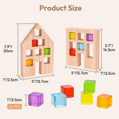 Woodtoe Wooden Building Blocks Set for Kids, 24 PCS Rainbow Gem Cubes Stacking Blocks - 2 Wood House, Montessori Stacking Toy for Toddlers, Educational STEM Sensory Birthday Toy for Boys Girls 3-6