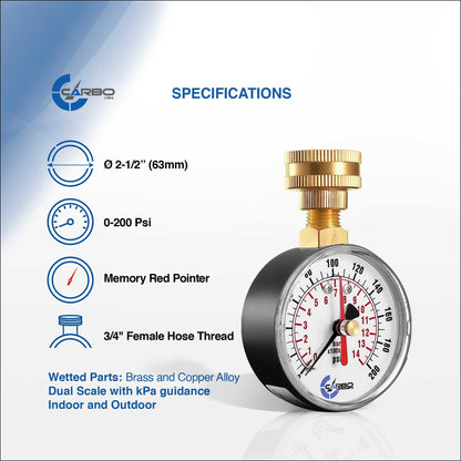 CARBO Instruments 2-1/2" Water Pressure Test Gauge, 0-200 PSI, Red Max Pointer, 3/4" Female Hose Thread, Rust-Free Corrosion-Resistant Case, Brass Connector, for Home, Garden, RV, Indoor/Outdoor