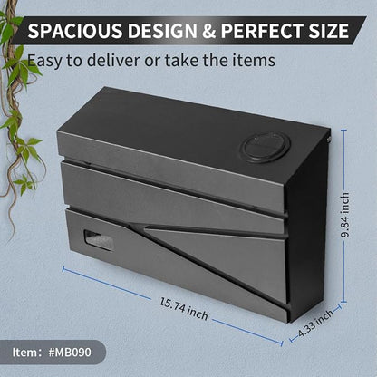 Ydocabinit Wall Mount Mailbox, Large Capacity Mailbox for House, Visibility Galvanized Steel Rust-Proof Metal Post Box Drop, Mailboxes for Outside, 15.74"×9.84"×4.33" Solar Lanterns Black