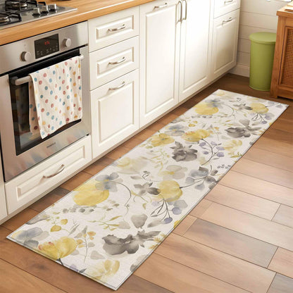 Yellow Gray Floral Runner Rug 2x6 Washable Kitchen Rug Non-Slip Lightweight Thin Soft Bathroom Runner Botanical Watercolor Plants Flowers Texture Beige Carpet for Hallway Laundry Room Bedroom Entryway