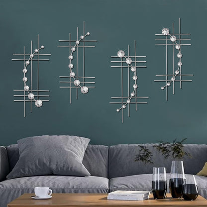 ZEXUIRU 4 Set Bling Metal Wall Art Jeweled Crystal Hang Wall Decor Rhinestone Diamond Iron Abstract Wall Sculpture 16.7 * 7inch Silver
