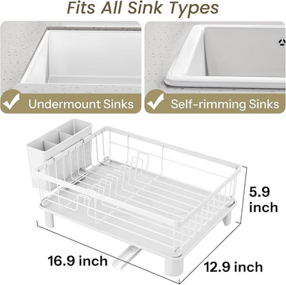 SNTD Dish Drying Rack - Small Dish Rack for Kitchen Counter, Stainless Steel Dish Drainer with Utensil Holder and Drainboard, 12.9" W x 16.9" L (White)