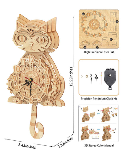 Wooden 3D Puzzles for Adults Model kit Cat Clock Kids Wall Clock Decor for Birthday Gift/Christmas Day