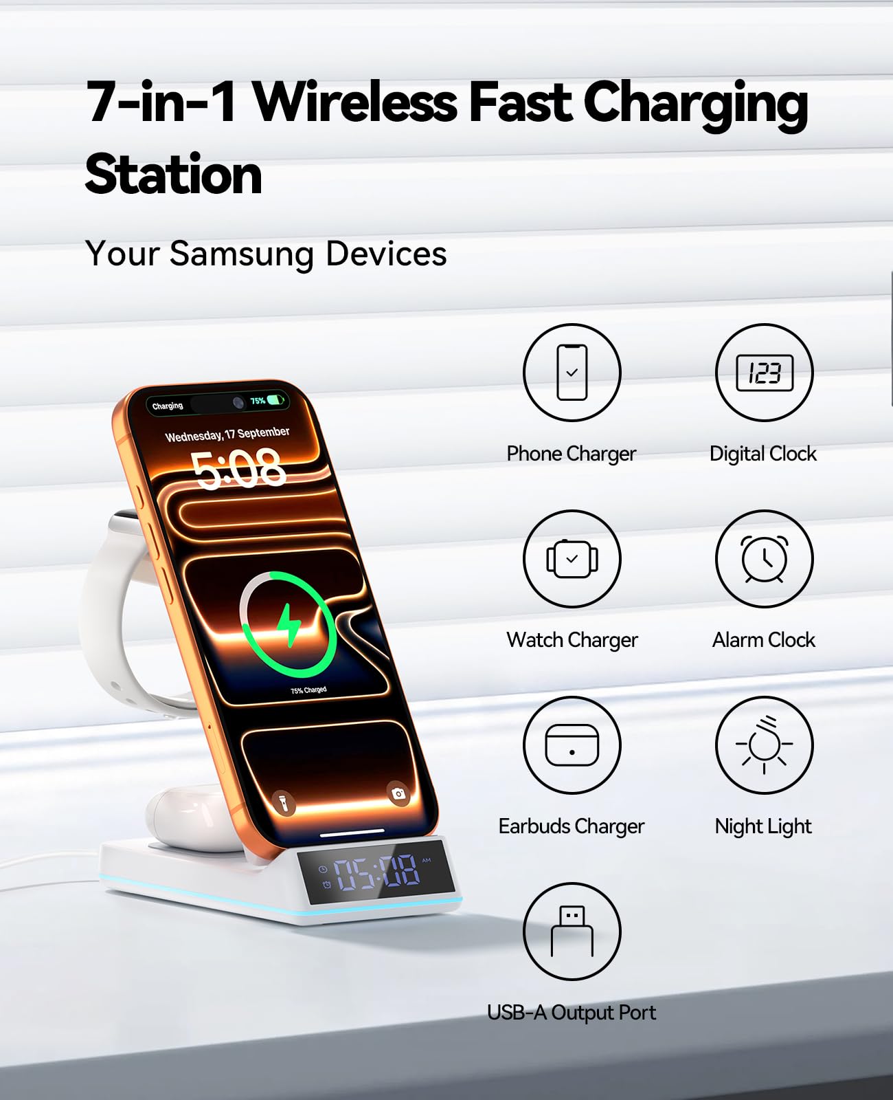 2026 Upgraded Wireless Charging Station, 7 in 1 Wireless Charger Station Foldable Charger Stand with Night Light/Alarm Clock for iPhone 17-12 Pro Max Plus, Apple Watch, AirPods Gifts for Fathers Day