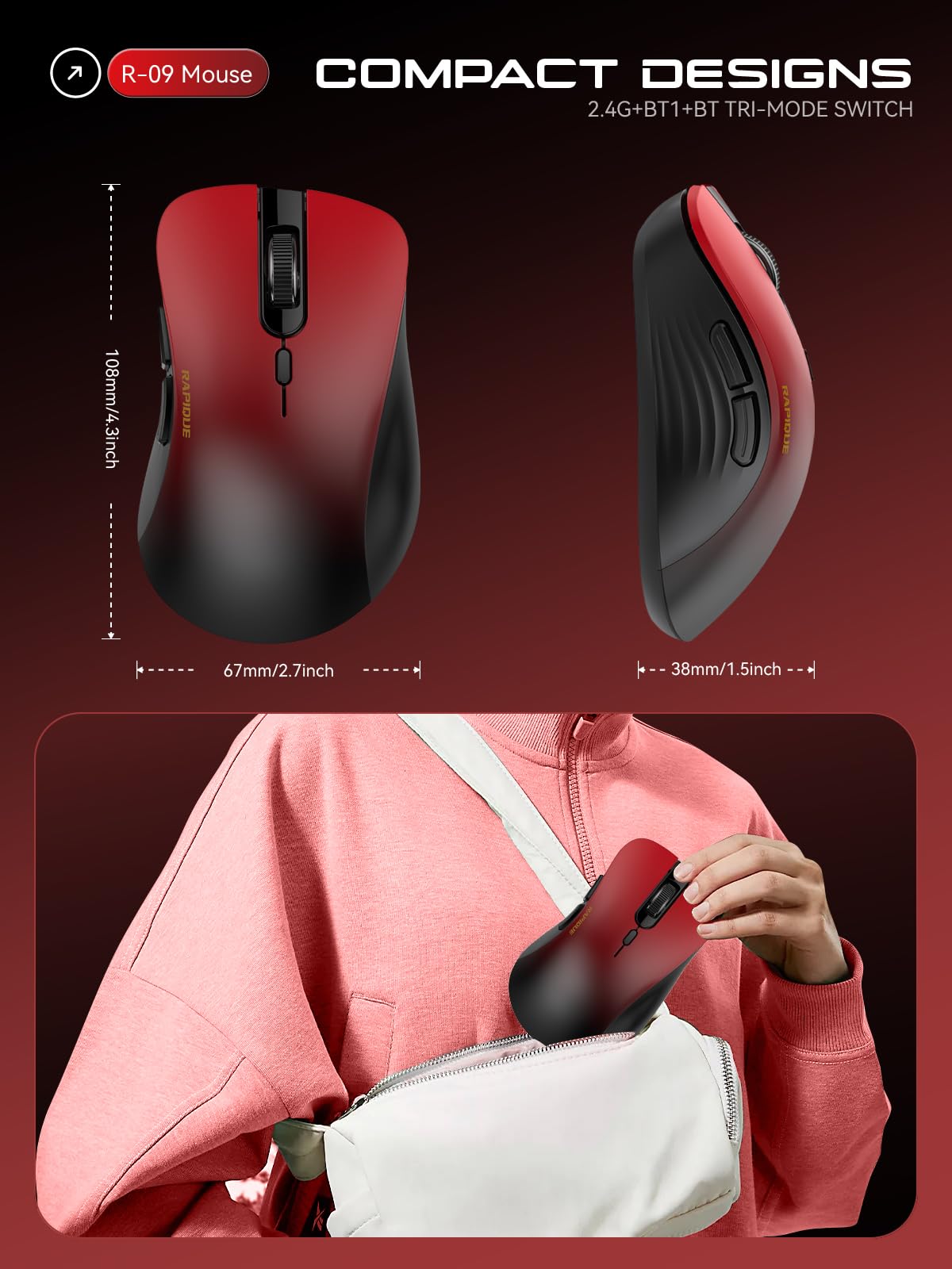 RAPIQUE Bluetooth Wireless Mouse - Dual Bluetooth & 2.4 GHz USB Receiver, Ergonomic Design, Quiet Clicks, Low Power - Multi-Device Compatibility for MacBook, Laptop, Computer, iPad Air/Pro (Pink)