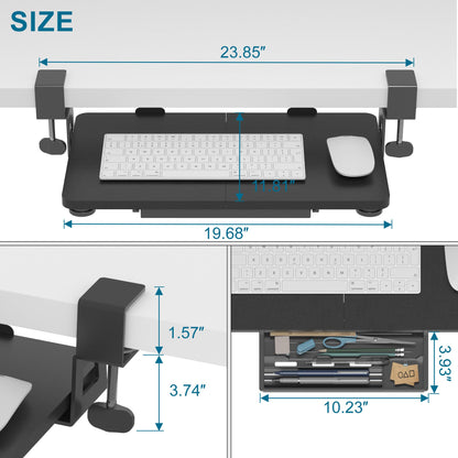 ETHU Keyboard Tray Under Desk, 19.7" X 11.81" Small Size Keyboard Drawer with C Clamp-on Mount Easy to Install, Computer Keyboard Stand Slide Pull Out, Ergonomic Keyboard Tray for Home & Office, Black