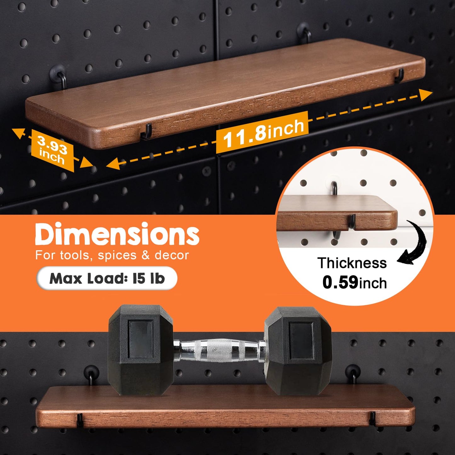 SEMPOMA Walnut Finish Solid Wood Pegboard Shelf for 1/4" Metal Pegboard