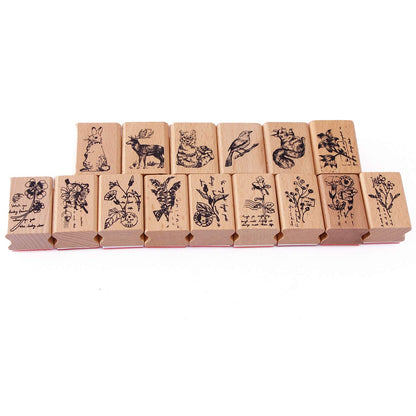 15pcs Wooden Rubber Stamps Animals and Plants Patterns Stamps Set for DIY Craft Card Scrapbooking Supplies