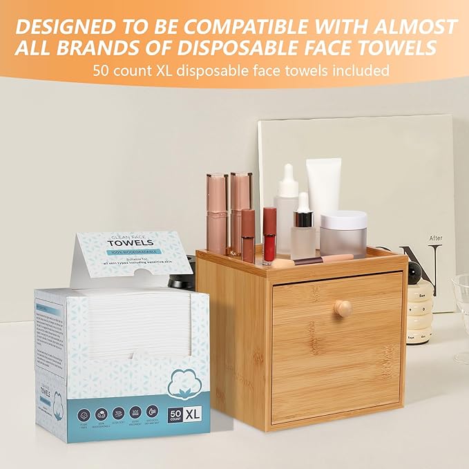 Disposable Face Towel with Bamboo Drawer Storage Box