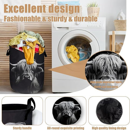 Highland Cow Laundry Basket, Foldable Waterproof Black Laundry Hamper Tote Bag