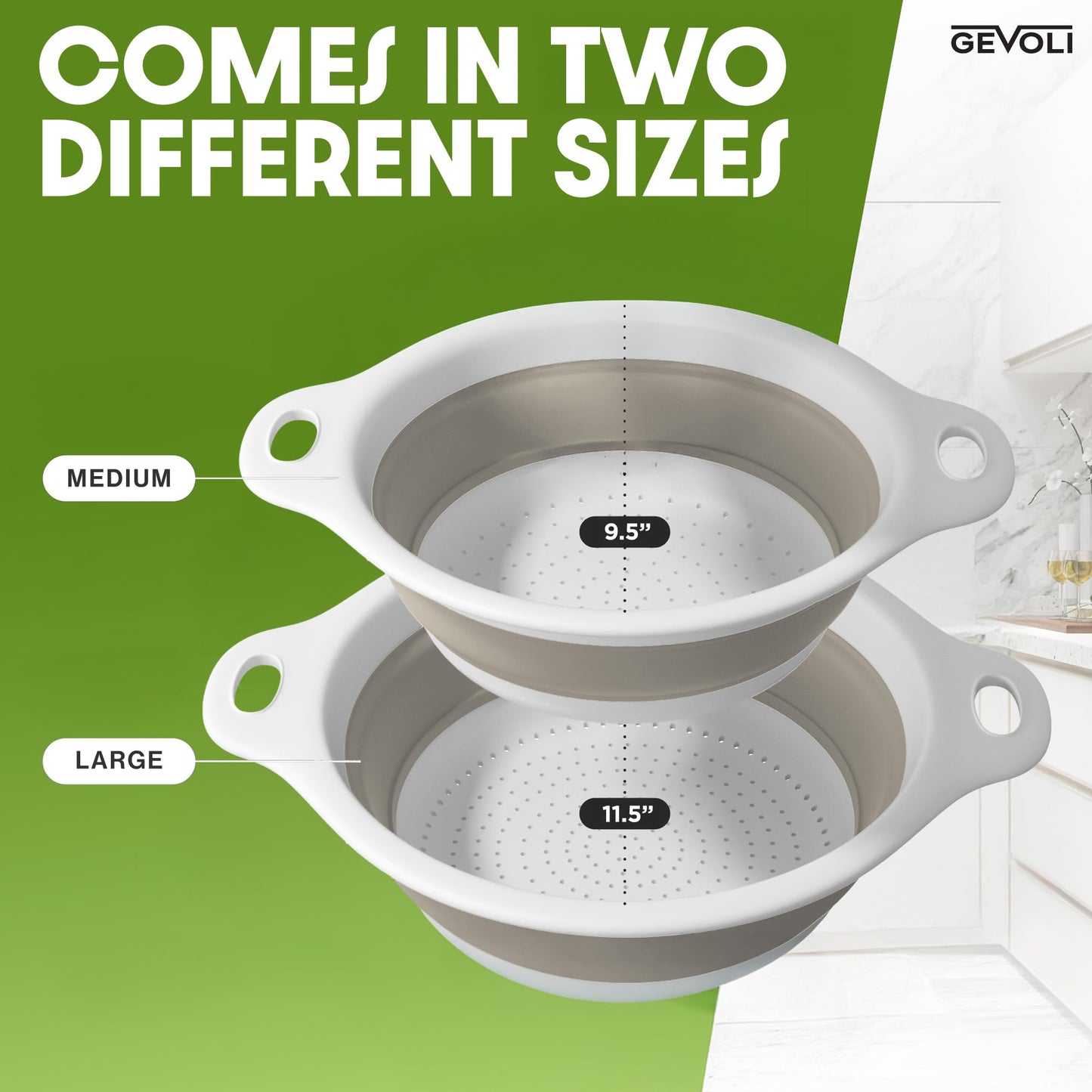 Collapsible Colander Strainer, Includes Over-sink Countertop Draining Base (5QT) Large Kitchen Drainer for Vegetables Fruit and Pasta, Round Foldable Draining Basket, Easy Storage (White)