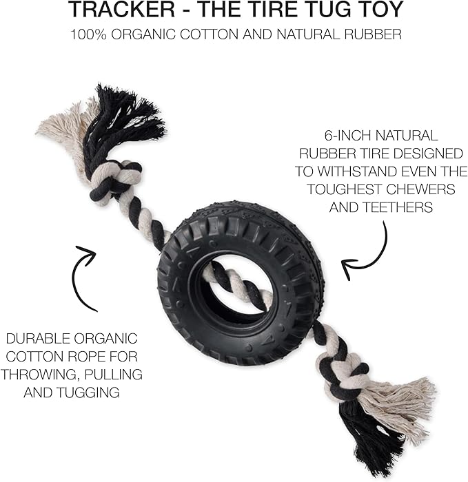 Pet Passion Natural Rubber Tire and Organic Cotton Rope Pull and Chew Dog Toy for All Pet Breeds, Black, Large