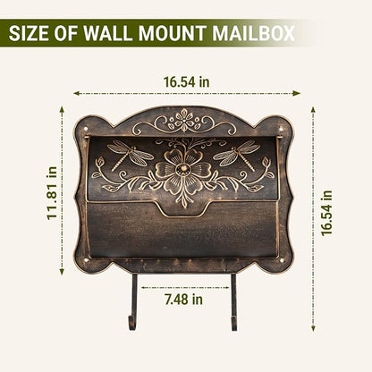 Wall Mount Mailbox with Newspaper Holder, Upgraded Embossed Vintage Mailbox Wall Mount, Dragonfly & Floral Decorative Front Porch Antique Mailboxes, Mail Boxes for House Outside Garden