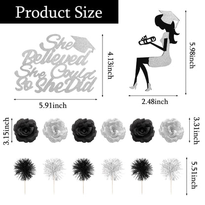 Heliltd 40PCS Graduation Cake Topper Set Black and Silver, Graduation Cake Decorations Kit with Cap Diploma Butterfly Ball Picks Flowers Firework Toppers Girl Silhouette for Class of 2026 Party