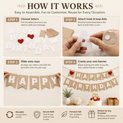 DIY Felt Banner Kit for Custom Messages, Reusable Customizable Party Banner with Detachable Letters, 28 Pennants, Hook & Loop Dots & Jute Rope for Birthday, Graduation, Baby Shower