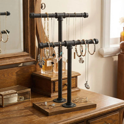 MyGift Adjustable 2-Tier Industrial Jewelry Display Stand - Rustic Metal Pipe & Brown Wood Base for Necklaces, Bracelets, Watches - Home & Boutique Decor (11.75" H)