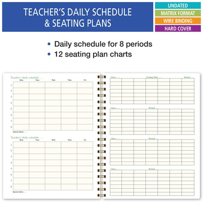 Elan Publishing Company HARDCOVER 7 Period Teacher Lesson Planner - Days Horizontally Across The Top with Bonus Clip-in Bookmark (Black Floral)