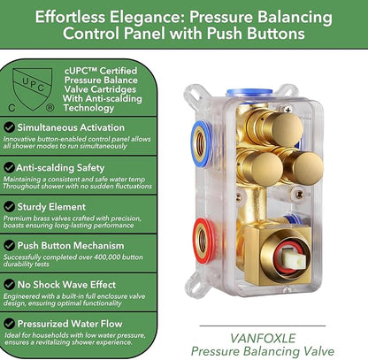 VANFOXLE Brushed Gold Shower System, Push Button Pressure Balance Shower Valve, Ceiling Mount Thick 12" Shower Head, 6" Shower Head, 2-in-1 Handheld, High Pessure Self-Cleaning for Modern Bathroom