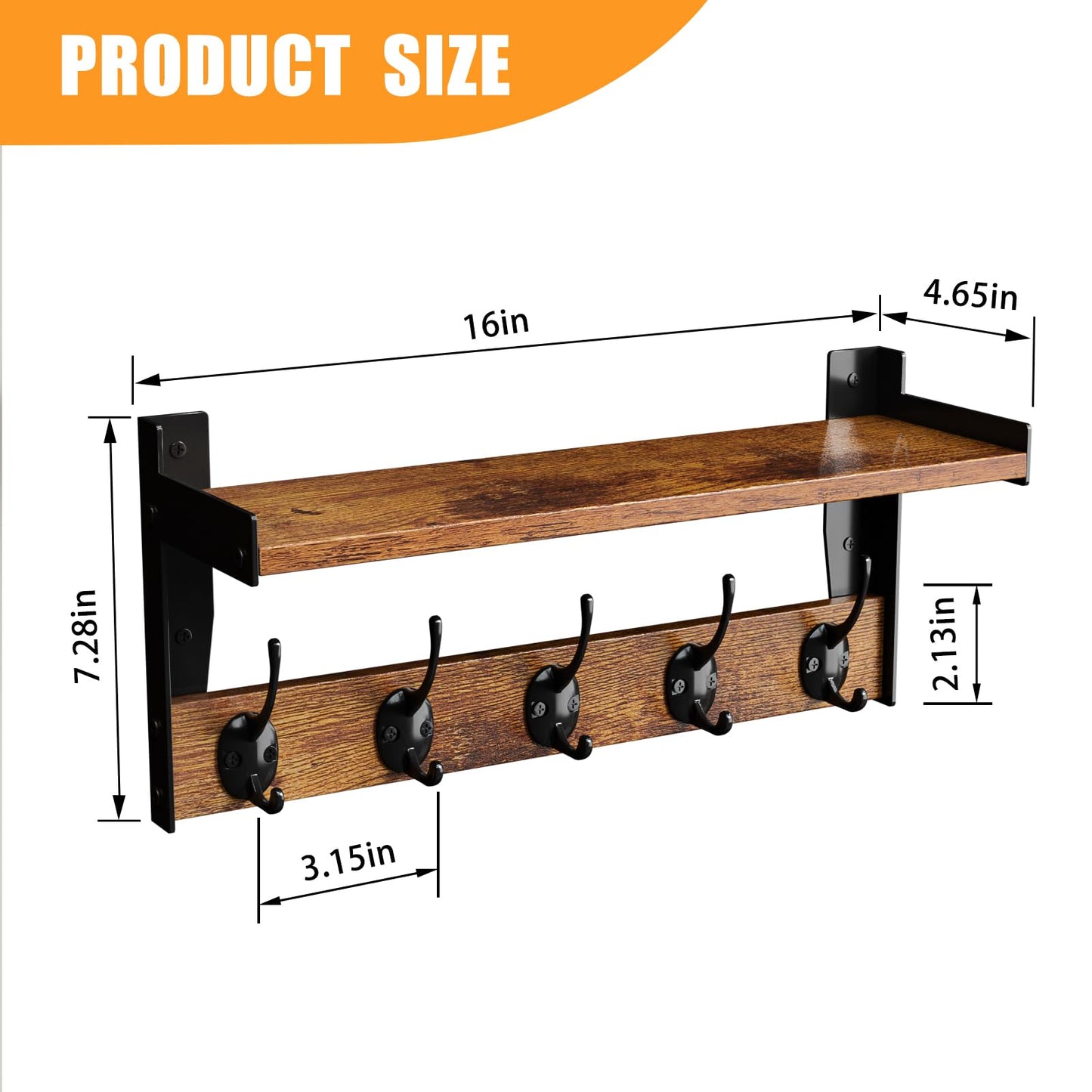 FNBAR Wall Hooks with Shelf, Wood Coat Rack with Shelf Wall-Mounted, Entryway Hanging Shelves with 5 Metal Hooks for Clothes Hats Towel Purse Robes, Bathroom Mudroom Bedroom, Rustic Brown