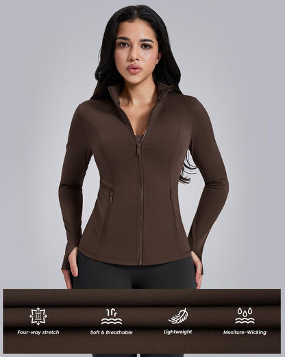 AVGO Womens Workout Jackets Lightweight Athletic Zip Up Jacket Slim Fit Running Gym Top with Pockets & Thumb Holes(Roasted Brown, L)