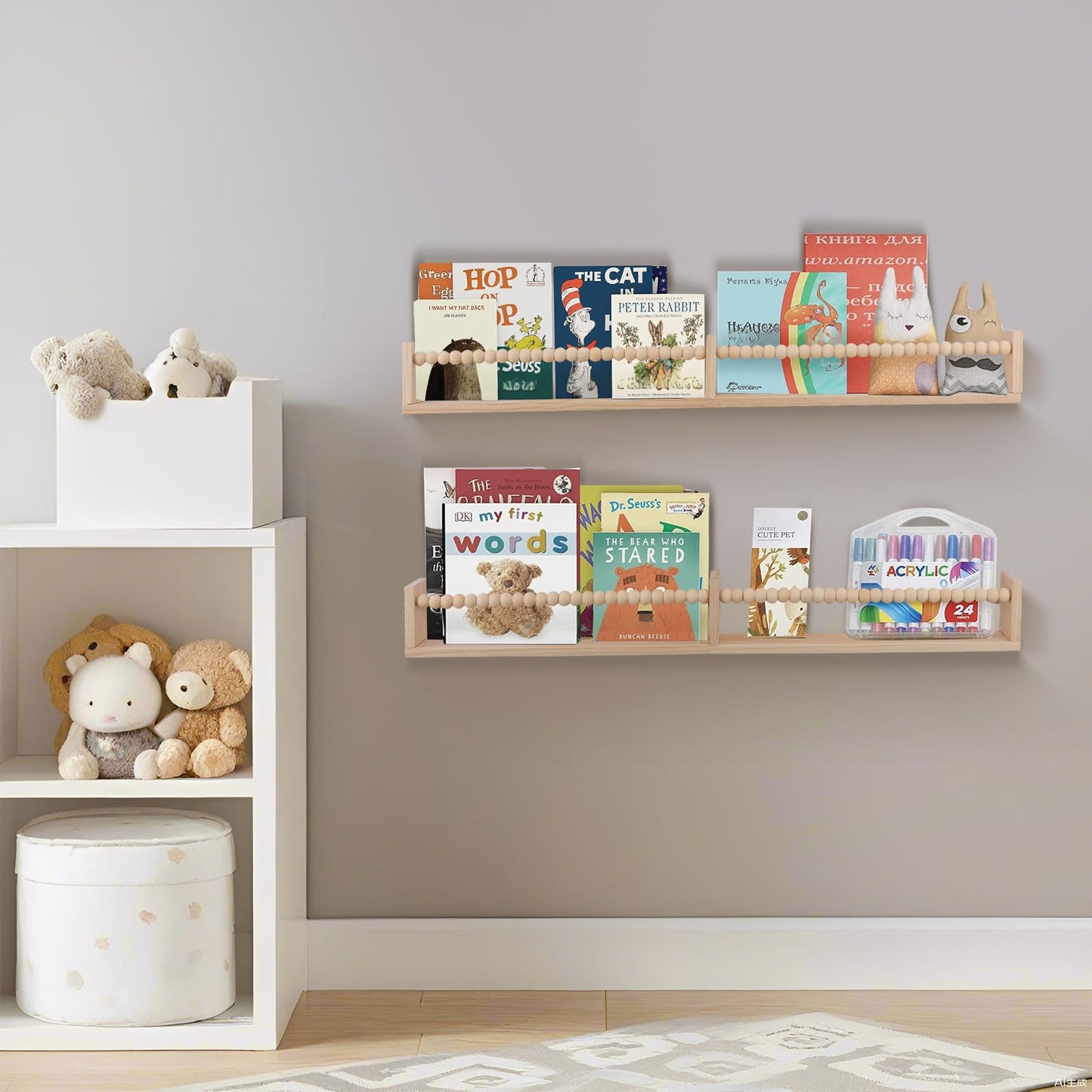 TUEGEGNS Nursery Book Shelves - Wall Mounted Set of 2, 32 inches Wooden Floating Bookshelves for Kids' Room and Study Room