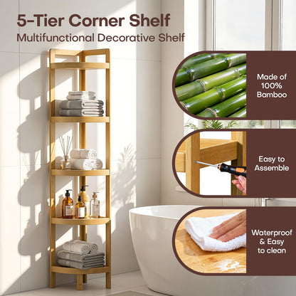 2026 New Bamboo Standing Shelf, 5 Tier Corner Shelf Stand, Free-Standing Shelf Units, Triangular Curved Corner Shelf Stand for Space-Saaving Display Ideal for Bathroom/Kitchen/Living Room Storage