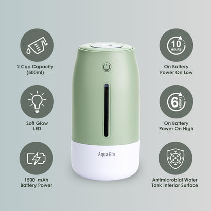 Airvana Aqua Glo Personal, Portable Humidifiers for Bedroom – Ultrasonic Cool Mist Humidifier with Built In Rechargeable Battery. Air Humidifier for Baby, Plants, Home, Office, Travel. Mint Green