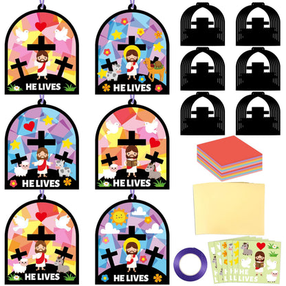 Qyeahkj 36 Set Easter Jesus Cross Suncatchers Crafts for Kids DIY Christian Religion Cross Window Tissue Paper Craft Kit Hanging Decor for School Home Activity Art Project Birthday Party Favor