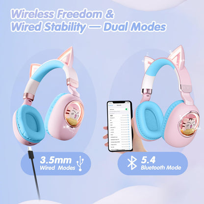 esonstyle Kids Headphones Cat Ear - Bluetooth 5.4 Over-Ear Noise Cancelling Headphones with Microphone LED Lights Up 85dB Safe Volume Limit Wireless or 3.5mm Wired USB C(Pink Blue)