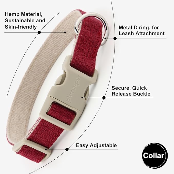 Plutus Pet Cotton Hemp Dog Collar and Leash Set, Adjustable Collar for Small, Medium, and Large Dogs, Heavy Duty and Soft on Skin, Red, M