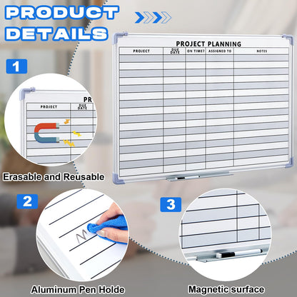 Lincia Project Planning Dry Erase Whiteboard Magnetic Dry Erase Board with Lines Sliding Marker Tray Aluminum Frame White Board Planner for Wall Scheduling(36"x24",Project Planning Horizontal)