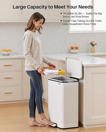 Lovewind 60 Liter/ 16 Gallon Stainless Steel Trash Can with Soft-Close Lid, Large Footstep Garbage Can with Roman Texture, Removable Inner Buckets, Recycling Bin for Kitchen Office, White