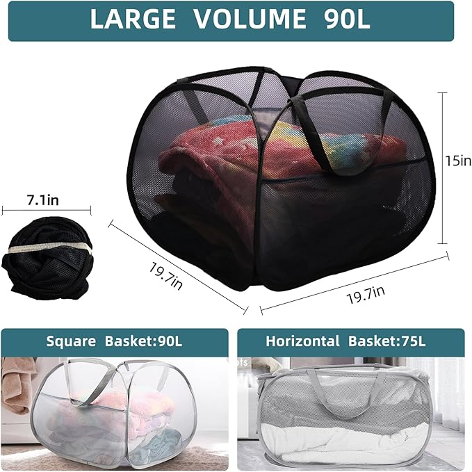 Collapsible Laundry Baskets, 90L Large Foldable Laundry Basket, Durable Mesh