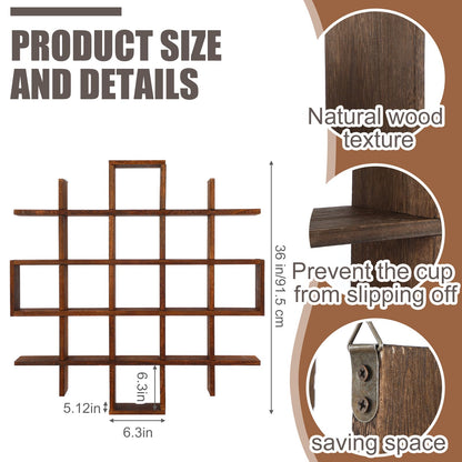 Suzile Oversize Tea Cups and Saucers Shelf Rustic Wooden Coffee Display Shelves Wooden Floating Curio Shelf Mounted Tea and Saucer Rack Holder for Kitchen Station Bar Accessories(Brown)
