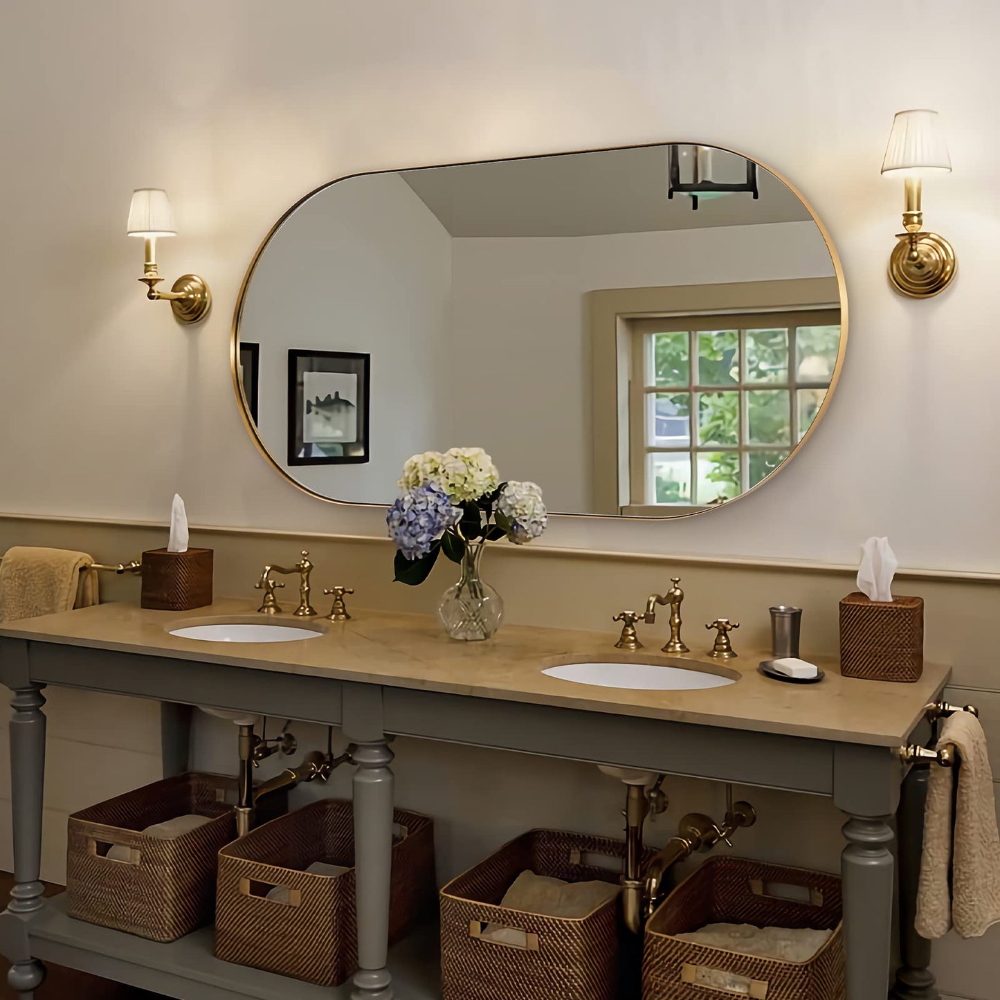 ANDY STAR Gold Bathroom Mirror 60 x 30 Inch, Full Length Mirror, Oval Vanity Mirror, Pill Shaped Mirror in Stainless Steel 1’’ Deep Wall Mounted Vertical/Horizontal
