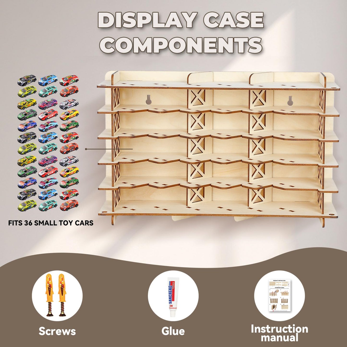 Wood Toy Car Hot Wheels Display Rack, Holds 36 Diecast Cars Model Car Display Case 1/64 Scale Toy Cars Organizer Freestanding or Wall-Mounted Toy Car Storage Cabinet (Wood, Medium)