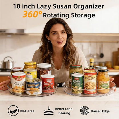 4 Pack Lazy Susan 10 inch Turntable for Spice Organization | Clear BPA-Free Plastic Rotating Organizer for Kitchen Cabinet, Pantry, Countertop, Fridge | 360-Degree Rotating Base