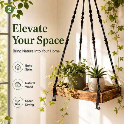 Novabright Hanging Window Plant Shelf, 16 Inch Wooden Macrame Style Shelf with Metal Grid Frame, Adjustable Cotton Rope Indoor Holder for Window, Wall or Ceiling, 50 lb Capacity