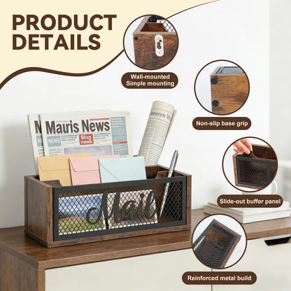 Mail Organizer Countertop, Rustic Farmhouse 2-Slot Wood & Iron Mail Holder, Retro Wall Mounted or Desk Entryway Letter Bill Envelope Sorter, No Assembly