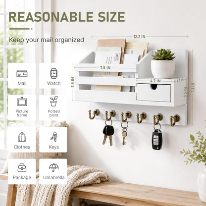FifthQuarter Key Holder Wall Mount: Key and Mail Holder for Wall with 6 Hooks and Storage Drawer, Easy Installation Key Rack for Entryway Home Decor (A-White)