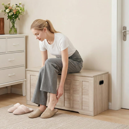DUMOS 47.2" Extra Large Wooden Storage Chest Trunk Bench with Gel Safety Hinges, 150lbs Heavy Organizer, U-Cut Handles, Non-Slip Base, Bedroom Living Room Entryway, Grey