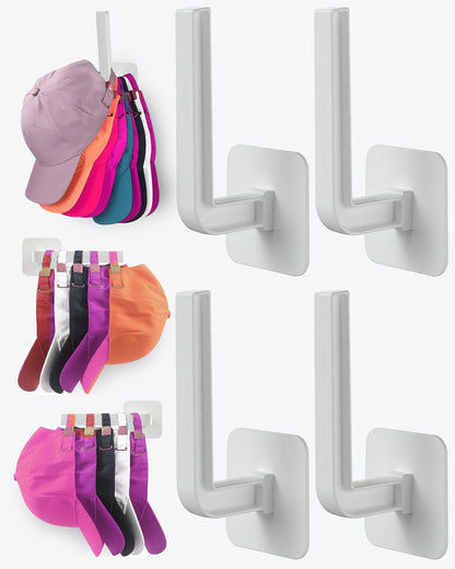 Sunfanie Hat Rack for Hat Storage (4-Pack), Multi-Purpose Hat Organizer, Strong Adhesive Hooks for Wall Organizer for Baseball Caps, Two Mounting Options Hook, White