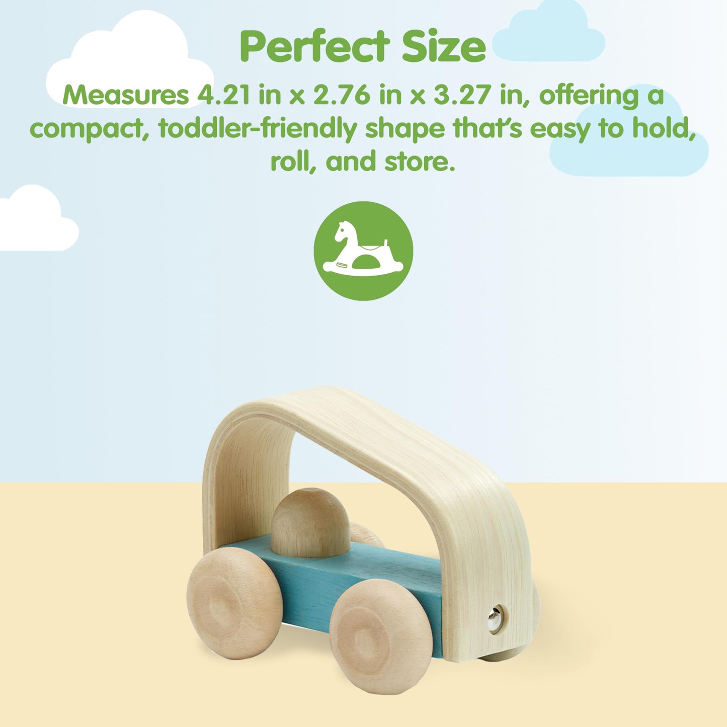 PlanToys® Vroom Car Wooden Push Toy for Toddlers | Eco-Friendly Toddler Push Car for Indoor Play | Montessori Fine Motor Learning Toys for Kids