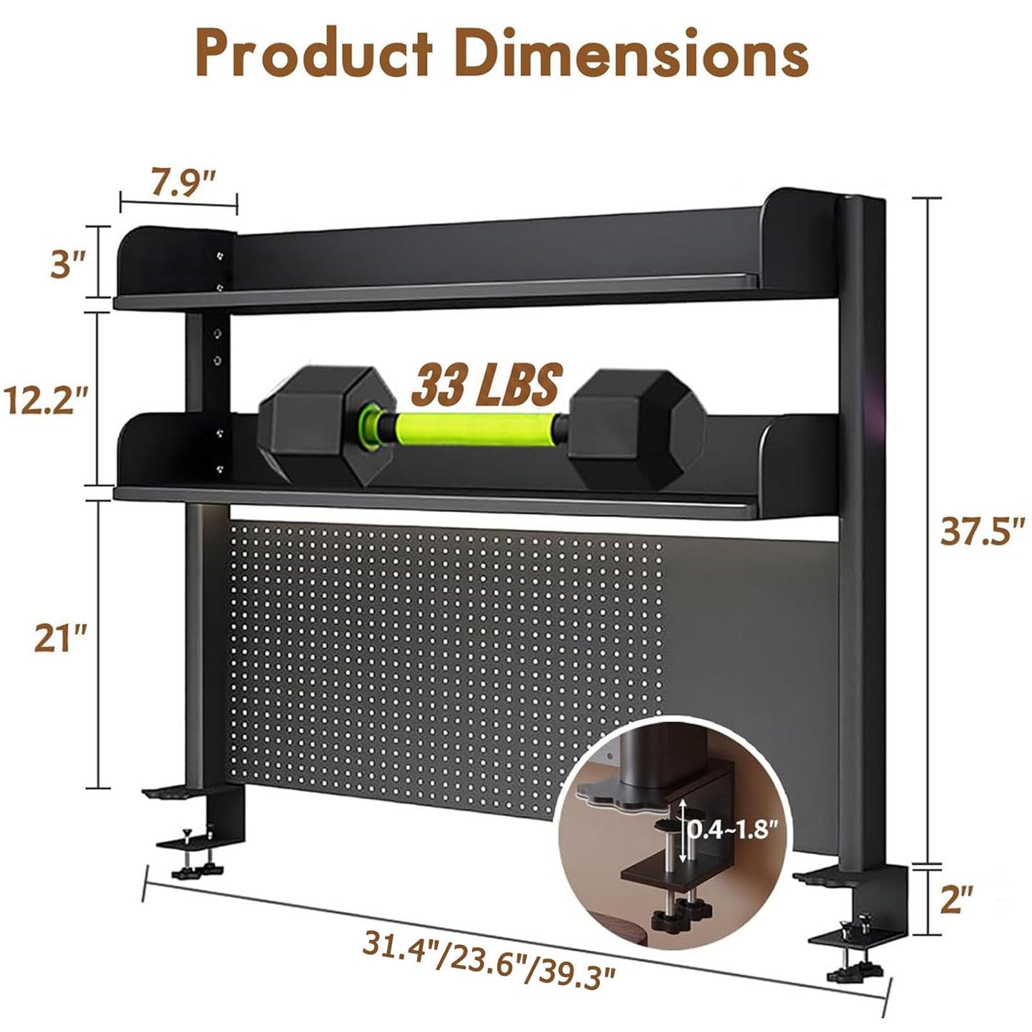 CHSSIH Clamp On Desk Pegboard Shelf - Metal Desktop Organizer Hutch with 2 Shelves for Storage and Display, Desk Add-On Shelf for Office, Dorm, or Computer Monitor Stand, Black, 23.6In