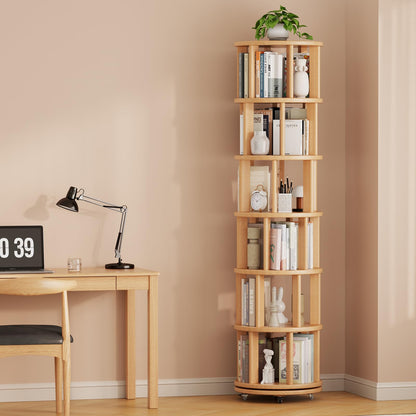 Muwuele Solid Wood Rotating Bookshelf on Wheels, 6 Tier, Round Revolving Bookcase, 360° Spinning Book Shelf Tower for Kids, Narrow Rolling Bookshelves for Small Space, Corner, Bedroom, Office, Natural