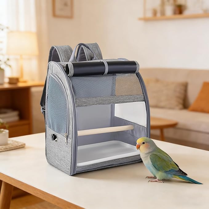 Gray Bird Backpack Carrier, Pet Travel Cage with Breathable Mesh, Large Space Parrot Backpack for Cockatiels Pigeons, Portable Cage with Perch & Tray, 12.2 X 9.6 X 15 in