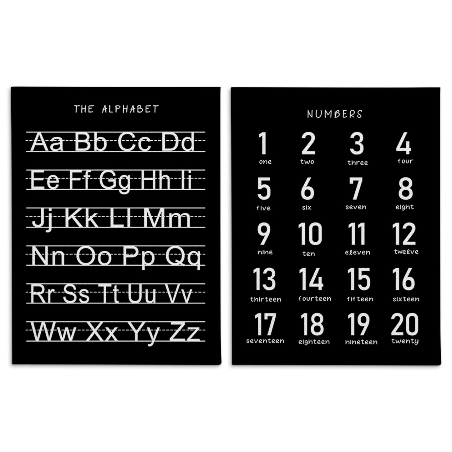HRQKO Black Alphabet Numbers Nursery Canvas Wall Art Set of 2, Kids Room Decor Framed Art, Black ABC Numbers Educational Posters Wall Decor for Classroom Toddler Nursery Bedroom Playroom, 11x14 inch