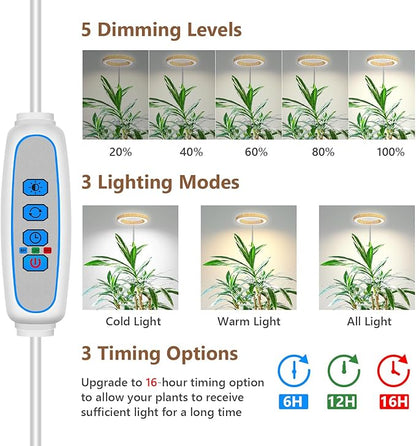 Aokrean Grow Lights for Indoor Plants, Full Spectrum Plant Lights for Indoor Growing, Height Adjustable 10"-65" Faux Wood Grain Grow Lamp with 6/12/16H Timer, 3 Optional Spectrums, 5 Brightness