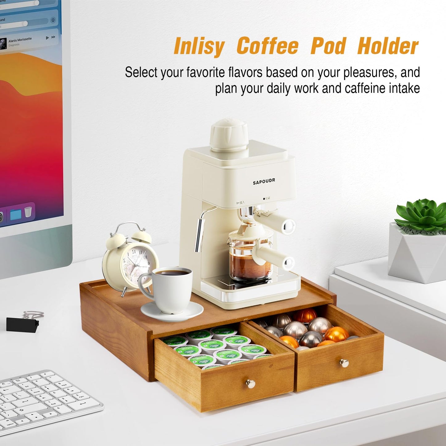 Inlisy 15.8"L X 11.8"W X 4"H Wooden K cup Storage, Keurig Stand With Storage, Coffee Pod Holder Organizer, Desktop Kitchen Storage with 2 Drawers, 30/40/60 Pod Capacity, Natural